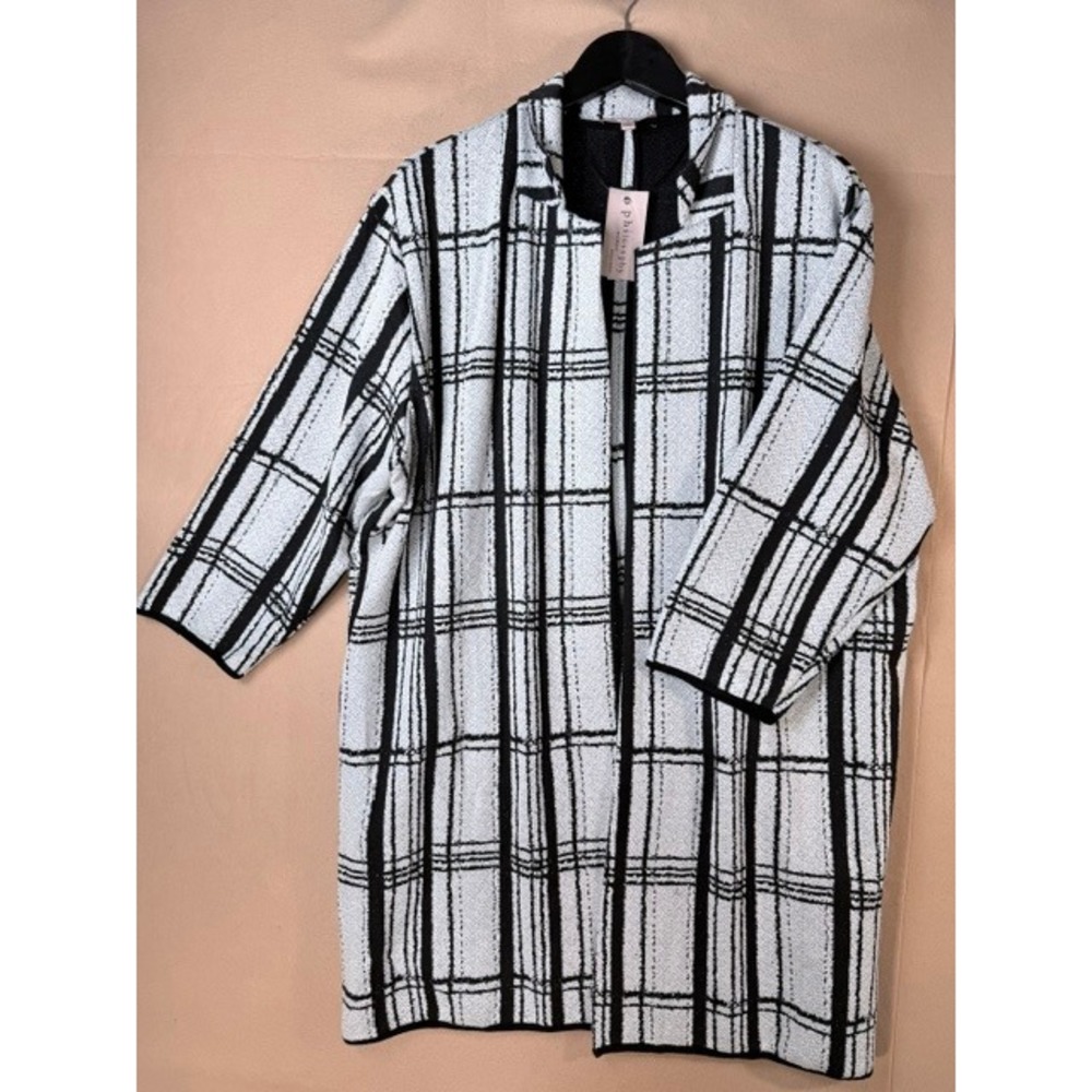 Philosophy Woman Windowpane Jacquard Cardigan 1X Black White Open Front NWT
